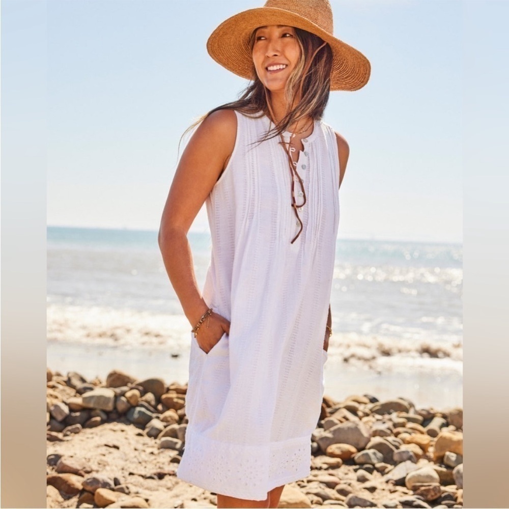 Faherty Isha White Linen Pintuck Dress Sleeveless Pockets Buttons Lined Small